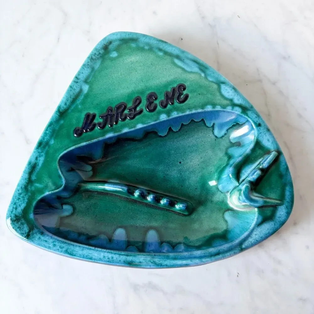 Vintage 1964 Handmade Pottery Ashtray MARLENE Blue Green Drip Glaze Signed